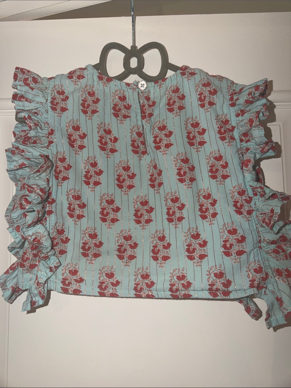 Pink Chicken Blue Floral Ruffle Crop Top with Red Roses - Picture 4 of 4